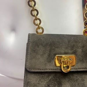 Authentic Salvatore Ferragamo Gray Suede Mini Gancini Lock Belt waist chain bag